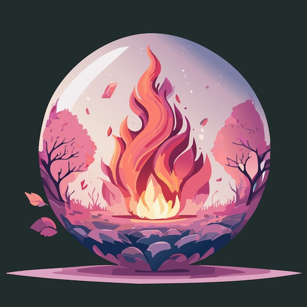 Vector campfire cartoon fire heat flame emblem ember burning in magical orb illustration design icon art