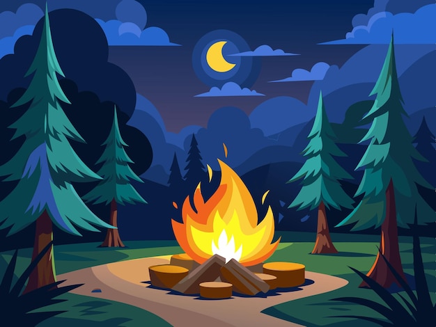 Vector a campfire in the forest with pine trees and a campfire