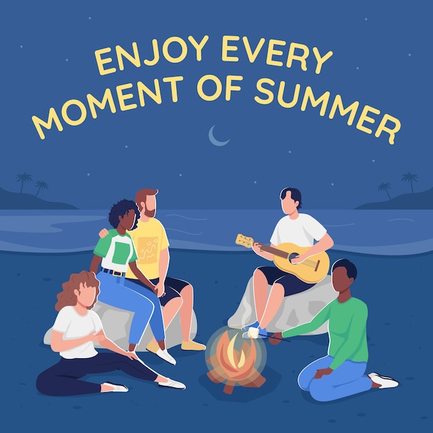 Campfire party with friends social media post mockup. Enjoy summer phrase. Web banner design template. Beach camping booster, content layout with inscription. Poster, print ads and flat illustration