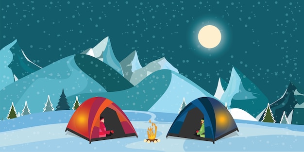 Vector campfire and tourist tent on snowy meadow.