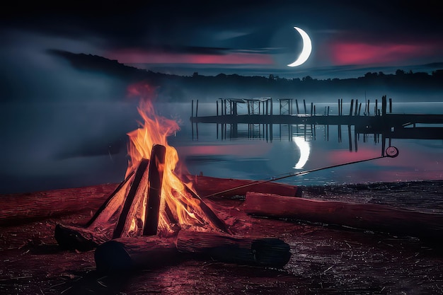 a campfire with a crescent moon in the background