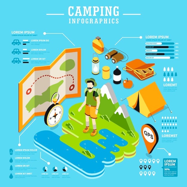 Camping 3d isometric flat design with camping equipments