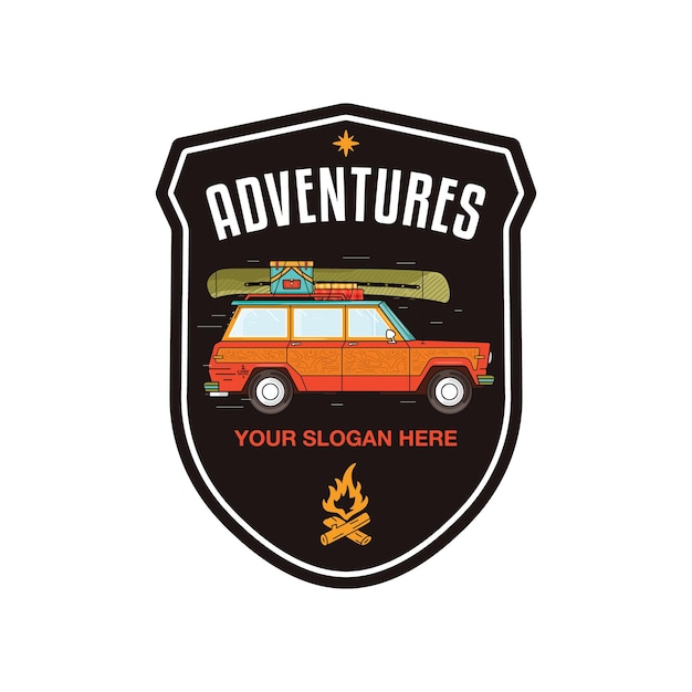 Camping Adventure badge design with camper car canoe and camp equipment Travel logo graphics Stock vector retro label isolated on white background