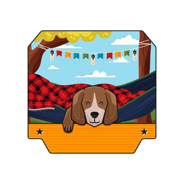 Camping Adventure badge design with dog sleeping outdoor Travel logo graphics Stock vector retro label isolated on white background