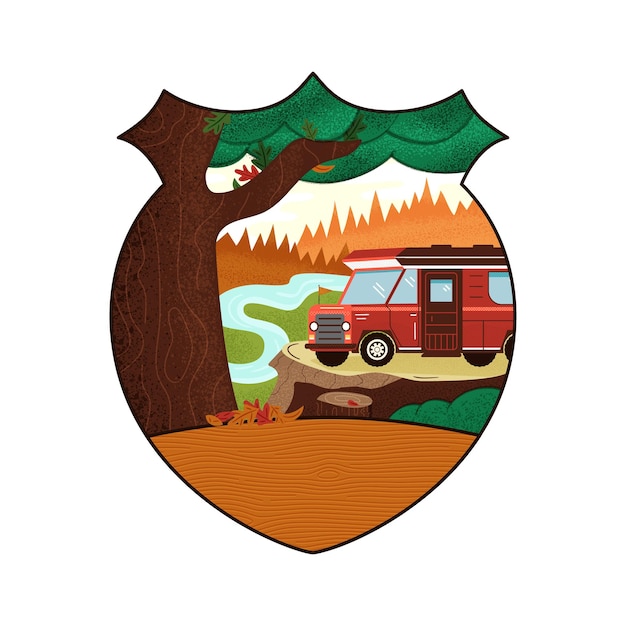 Camping Adventure badge design with forest landscape and RV trailer Travel logo graphics Stock vector retro label isolated on white background