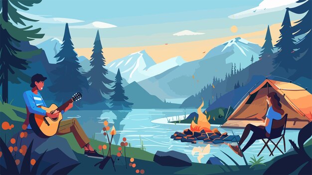 Vector camping adventure couple with guitar in wilderness