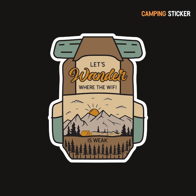 Camping adventure sticker design. Travel hand drawn emblem.