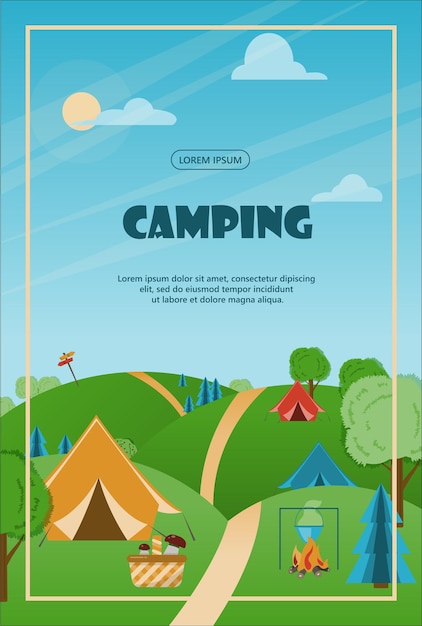 Camping adventure time vector illustration banner with flat equipment for hiking cartoon flayer