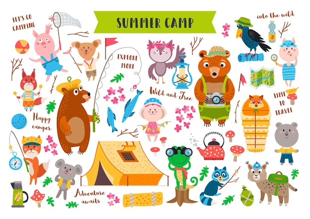 Camping Animals set in the forest. Adventure collection of camp equipment isolated