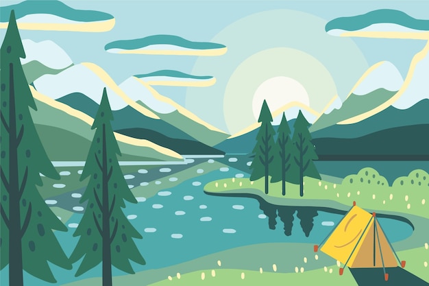 Camping area landscape with tent and lake