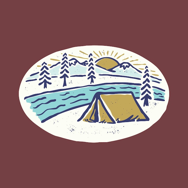 Camping and beautiful sunrise with river graphic illustration vector art t-shirt design