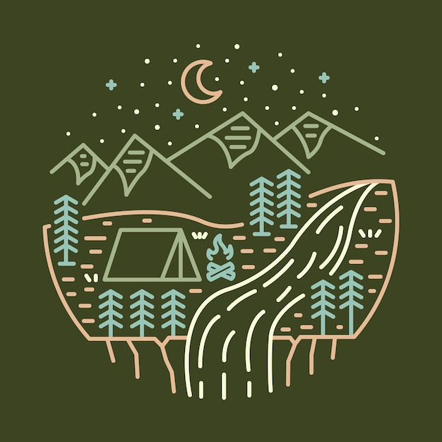 Camping on beauty place with waterfall graphic illustration vector art tshirt design