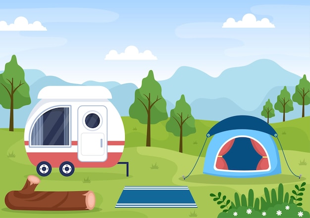 Camping Car Background Illustration with Tent Camper Car and Equipment for Adventure or Holidays