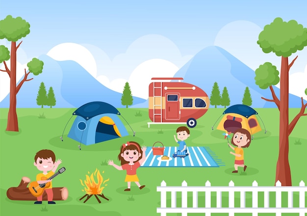 Camping Car Background Illustration with Tent Camper Car and Equipment for Adventure or Holidays