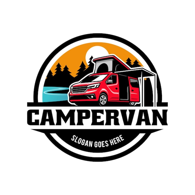 camping car camper van with pop up tent and awning illustration logo vector