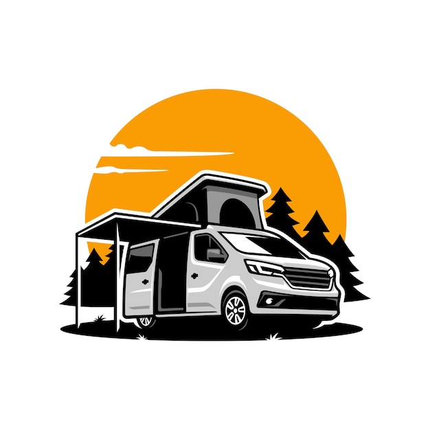 camping car camper van with pop up tent and awning illustration logo vector