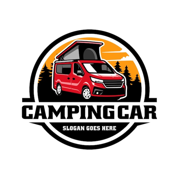 camping car camper van with pop up tent illustration logo vector