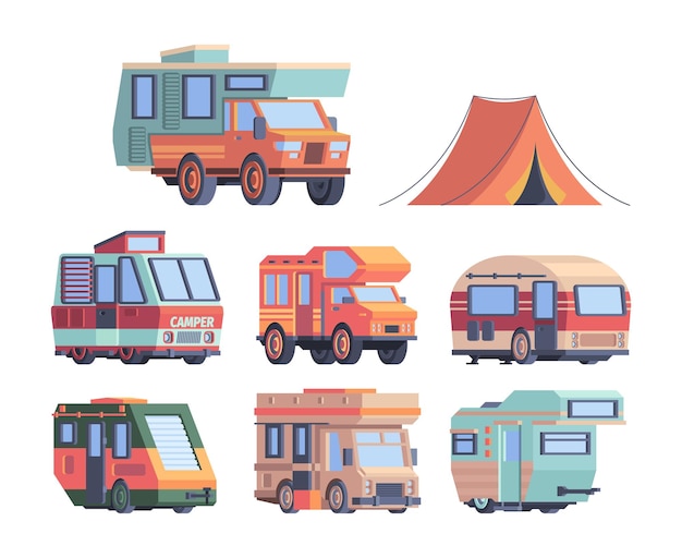 Camping car. Caravaners road trip explorer transport vector truck collection. Illustration camping explorer, truck camp for expedition and tourism