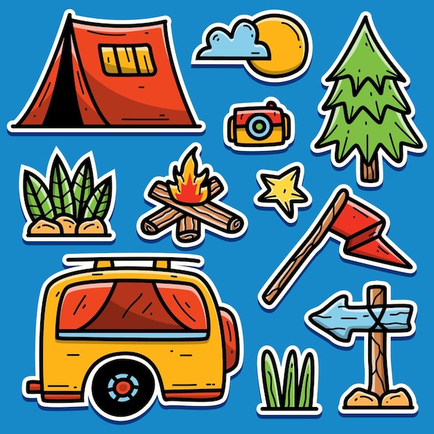 Camping cartoon kawaii doodle sticker design