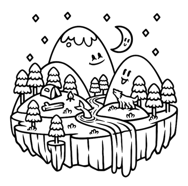 camping in the cute mountain line illustration