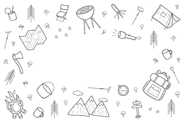 Camping doodle icons set Vector illustration of hiking elements Isolated on white sketch hiking logo concept