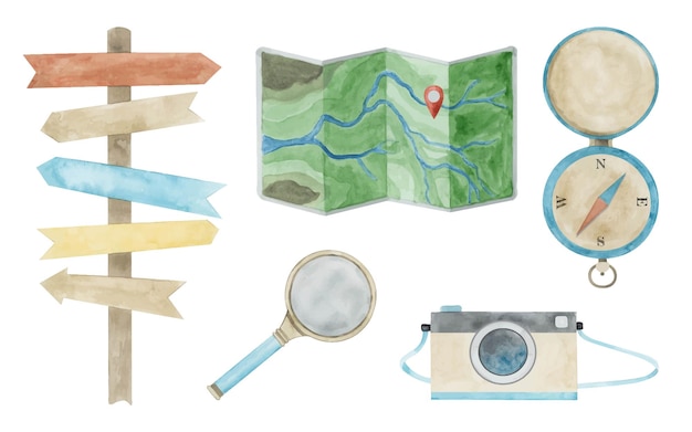 Camping elements watercolor hand drawn illustration Travel clip