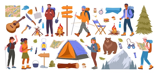 Camping equipment and characters Hiking backpacking people and tourists tools bonfire tent guitar and axe flat vector illustration set Outdoor camping supplies