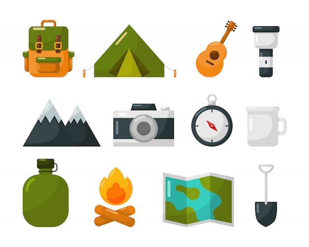 Camping equipment icons set isolate on white