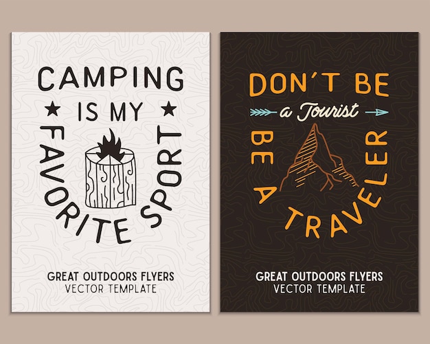 Camping flyer templates Travel adventure posters set with line art and flat emblems and quotes camp is my favorite sport with campfire Summer A4 cards for outdoor parties Stock vector