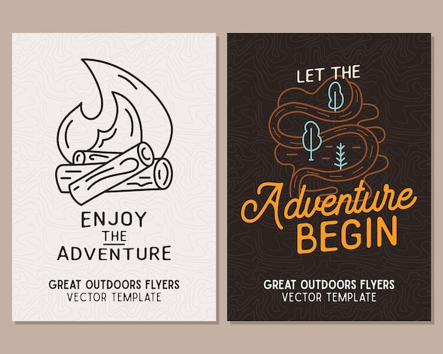 Camping flyer templates travel adventure posters set with line art and flat emblems and quotes creat