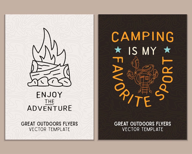 Camping flyer templates Travel adventure posters set with line art and flat emblems and quotes Enjoy the adventures Summer A4 cards for outdoor parties Stock vector