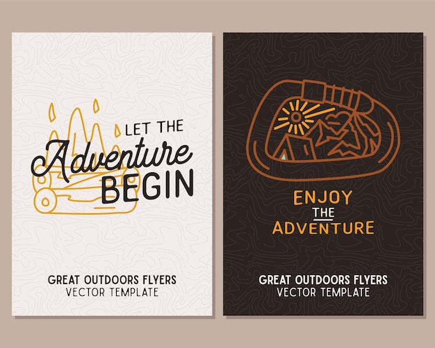 Camping flyer templates travel adventure posters set with line art and flat emblems and quotes let t