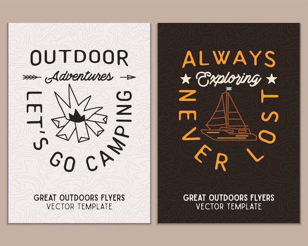 Camping flyer templates Travel adventure posters set with line art and flat emblems and quotes lets go camp Summer A4 cards for outdoor parties Stock vector