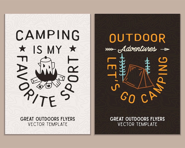 Camping flyer templates Travel adventure posters set with line art and flat emblems and quotes outdoor adventures lets go camp Summer A4 cards for outdoor parties Stock vector