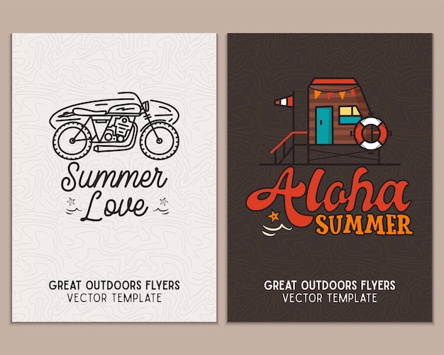 Camping flyer templates Travel adventure posters set with line art and flat emblems and quotes Summer love Summer A4 cards for outdoor parties Stock vector