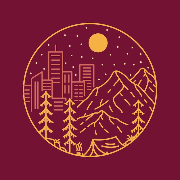 Camping in the Forest and Campfire with Mountains and Skyline Background Illustration for Apparel De