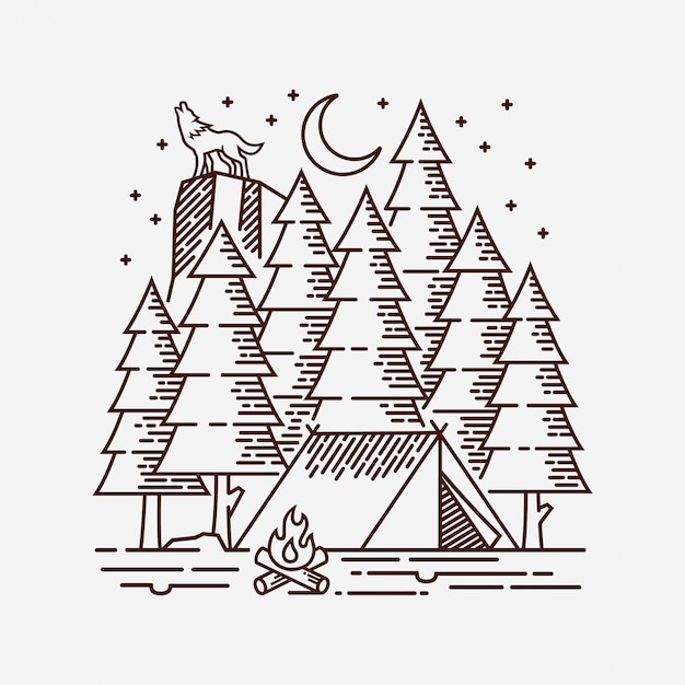 Camping in the forest line illustration