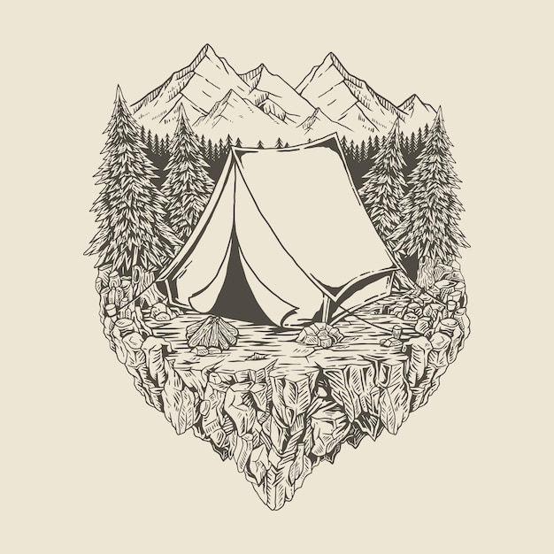 camping in the forest and rocks premium vector