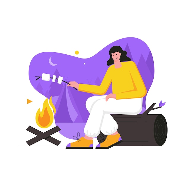 Camping and hiking activities modern flat concept. Woman roasting marshmallows on campfire and rests on picnic. Backpacking and traveling. Vector illustration with people scene for web banner design