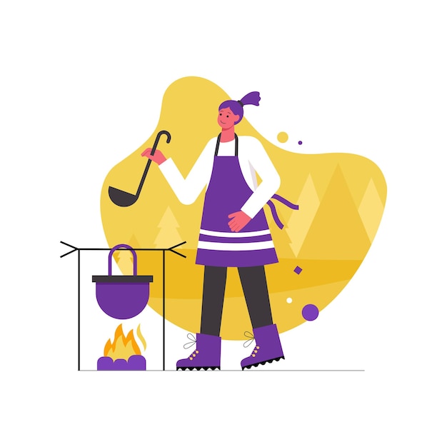 Camping and hiking activities modern flat concept. Woman tourist cooking food in bowler on campfire, trekking and rests on picnic in forest. Vector illustration with people scene for web banner design