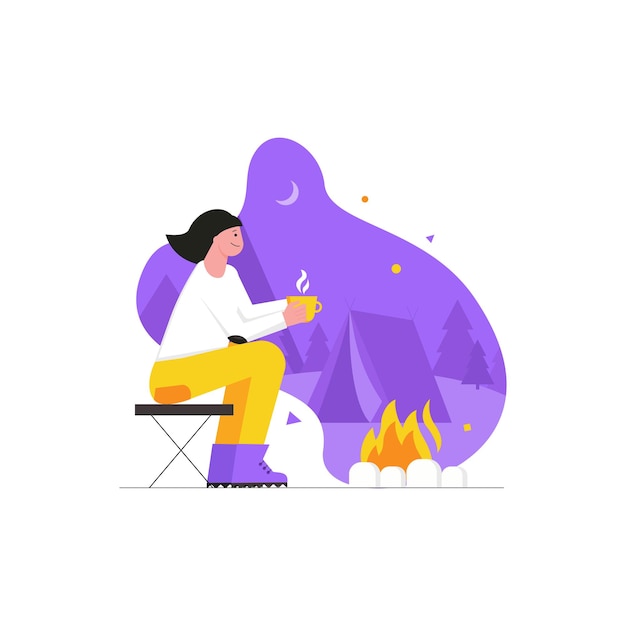 Camping and hiking activities modern flat concept. Woman tourist drinking tea and sitting near campfire, trekking and rests on picnic. Vector illustration with people scene for web banner design