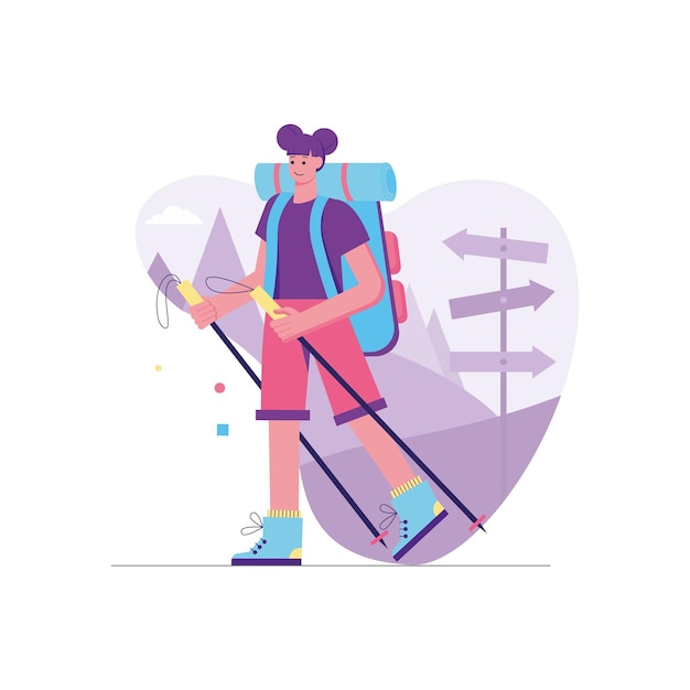 Camping and hiking activities modern flat concept. Woman tourist with backpack and sticks walking in mountains. Backpacking and trekking. Vector illustration with people scene for web banner design