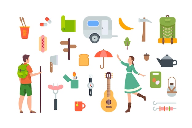 Camping and hiking elements. Tourist equipment and travel accessories for outdoor adventure. Flat vector objects on white background. Caravan, backpack, guitar, tools, food, lighter