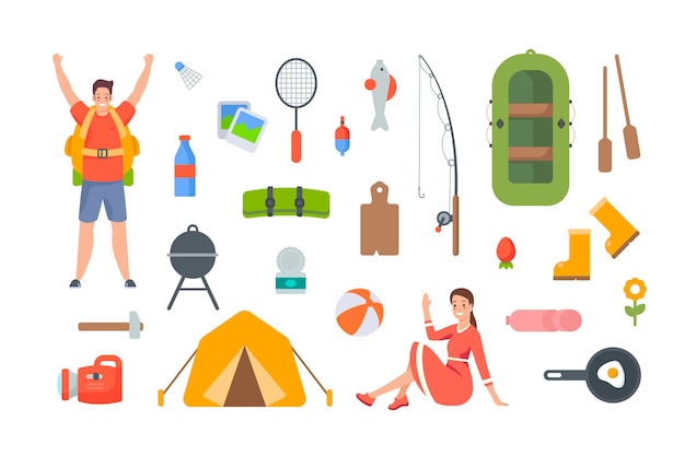 Camping and hiking elements. Tourist equipment and travel accessories for outdoor adventure. Flat vector objects on white background. Inflatable boat, tent, fishing rod, flashlight, food