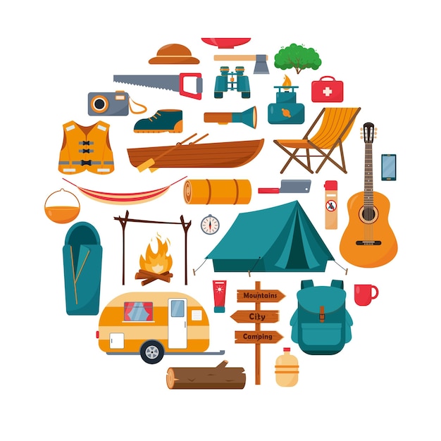 Camping or hiking equipment icons set in circle