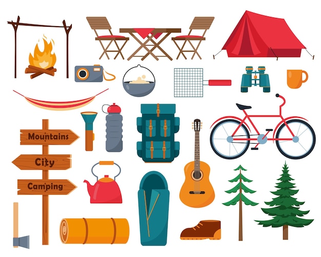 Camping and hiking equipment icons for Sports adventures and tourism