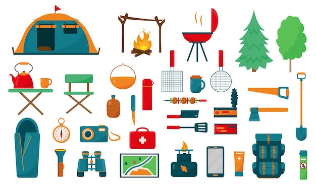 Camping or hiking equipment set on white background. Big collection of elements or icons for camping concept .  illustration.