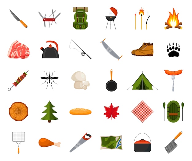 Camping and hiking icon set. Forest hike elements. Camp gear collection.