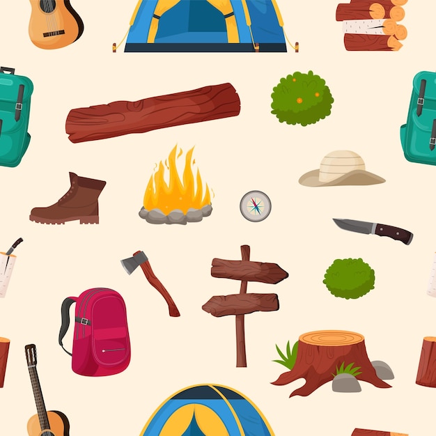 Camping and hiking seamless pattern Summer camp travel tools collection for survival in wild tent