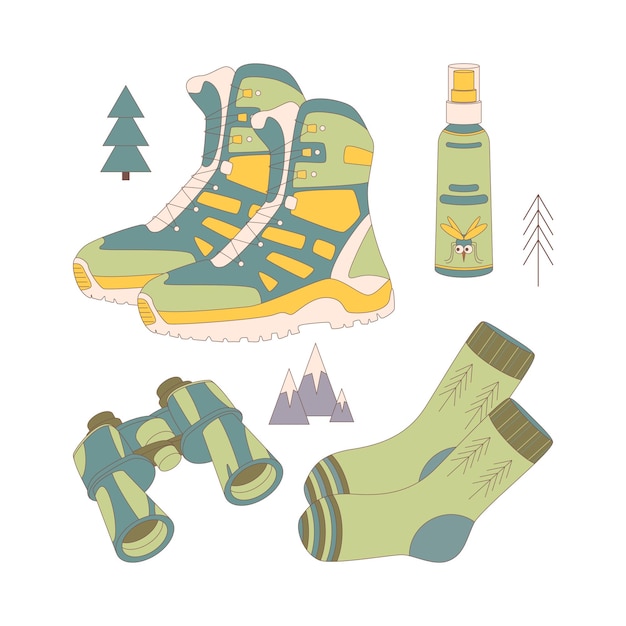 Camping and hiking set drawn elements footwear socks mosquito spray binoculars